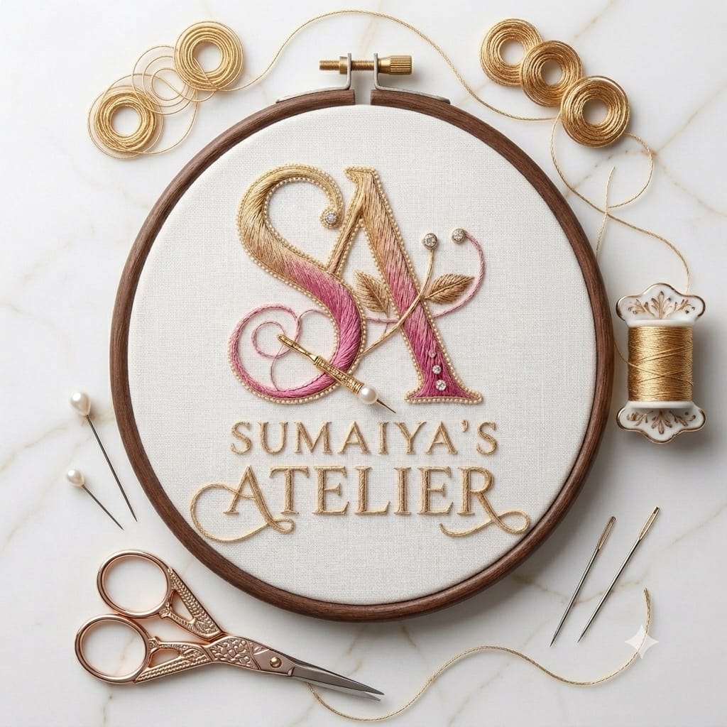 Sumaiya's Atelier লোগো — গোলাপি ও সোনালি হাতে বোনা এমব্রয়ডারি
